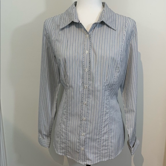 White Blouse with Blue & Black Pin Stripe - Picture 1 of 11